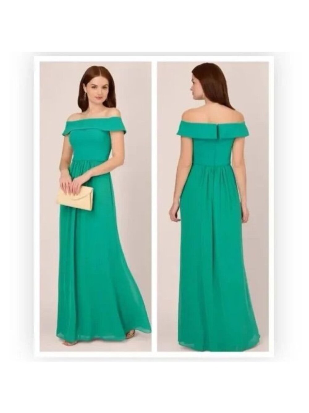 Adrianna Papell Green Chiffon Off The Shoulder Maxi Dress Size 8 NWT